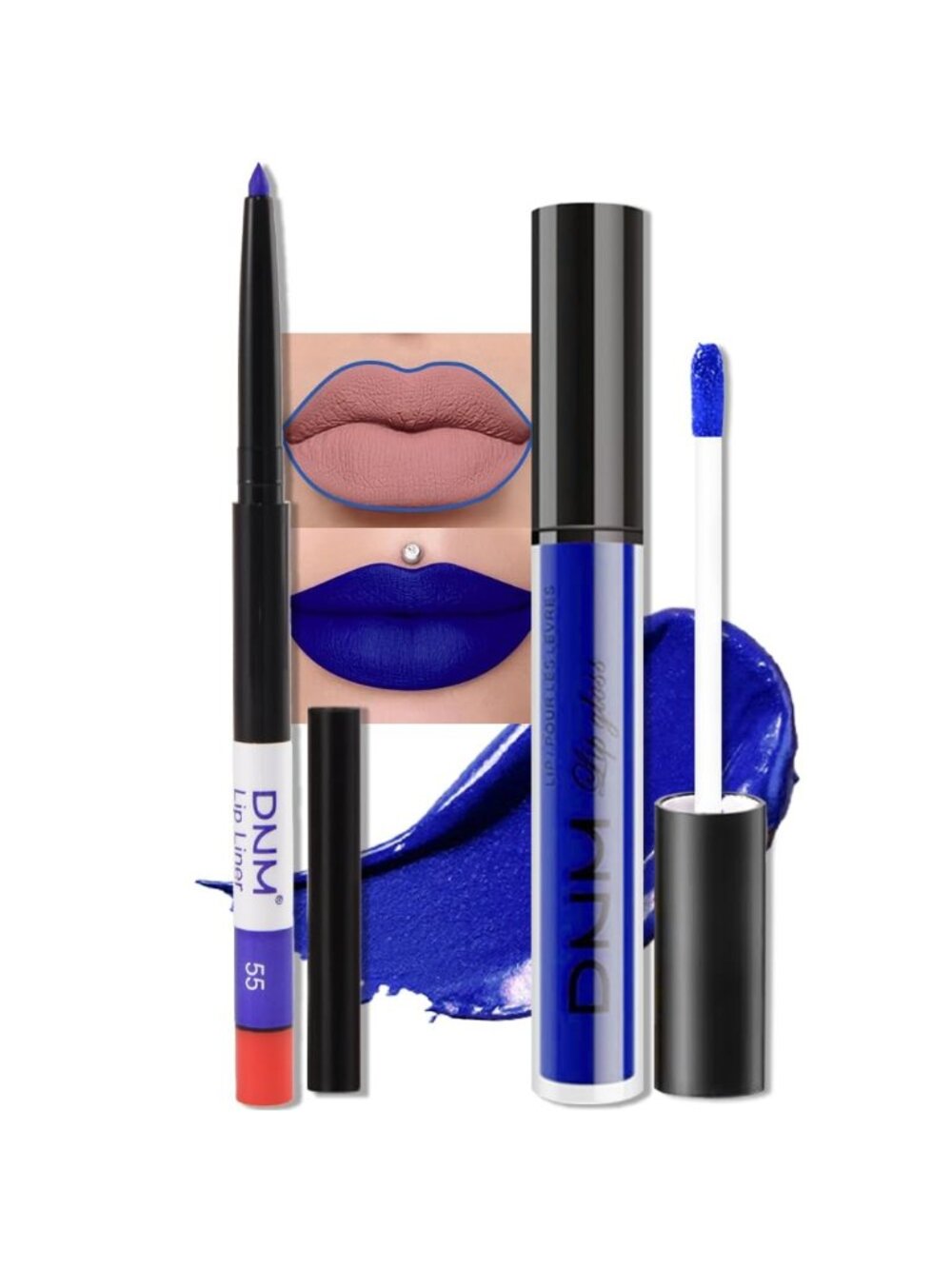 DNM 55# Royal Blue 2Pcs 24H Long-Lasting Matte Liquid Lipstick and Lip Liner Set